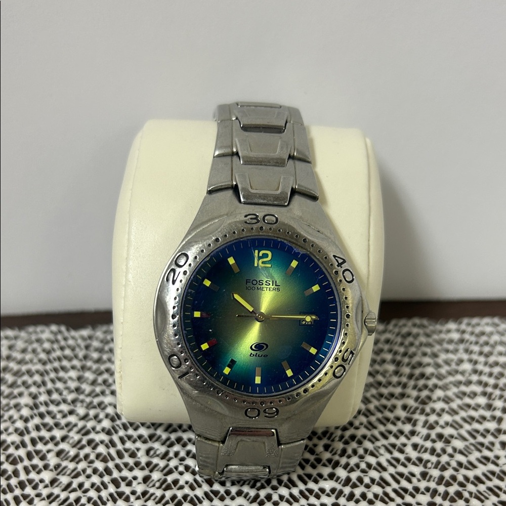 Fossil Silver Watch with Blue and Yellow Dial
